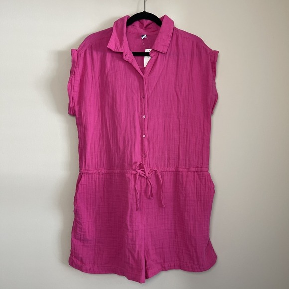 NWT Old Navy Waist-Defined Crinkle Gauze Romper Pink Summer Women's L - Picture 2 of 6